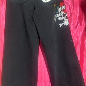 Kids Black Skull Embroidered Pants